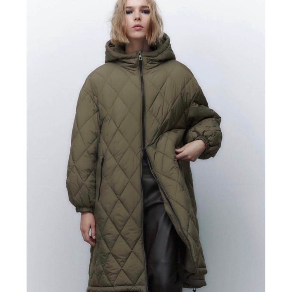 Zara Quilted Oversized Olive Green Coat Jacket Size Small